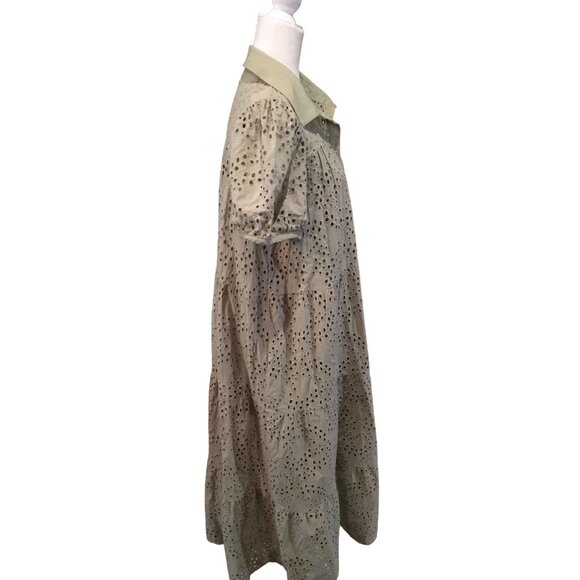 Happy Threads Eyelet Green Button-Down Dress Short Puff Sleeves Large - Picture 5 of 7